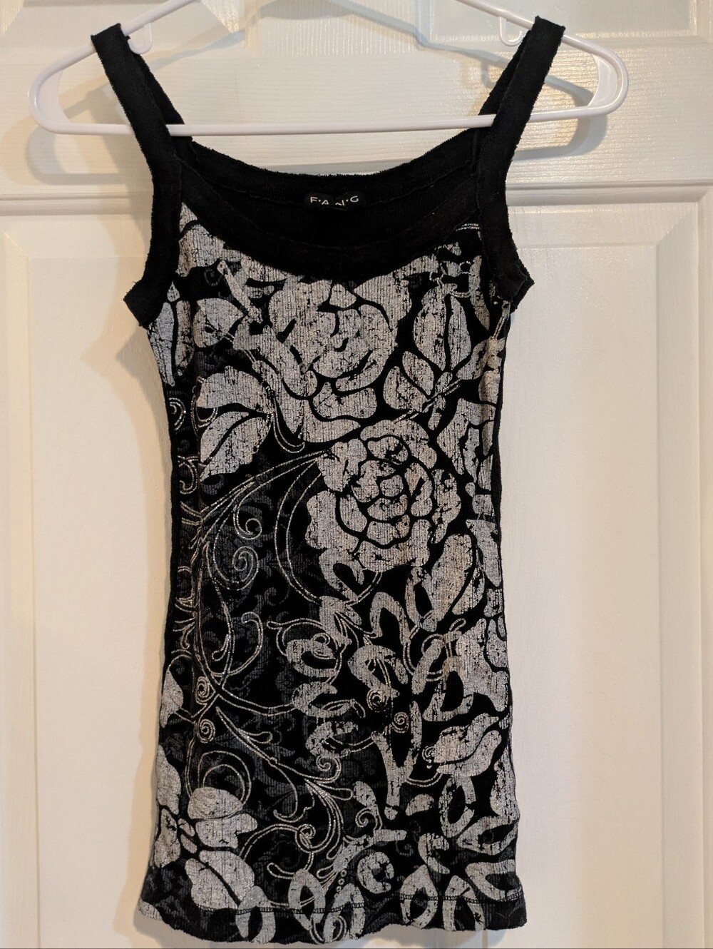 FANG Black Tank Top with Silver Floral Print